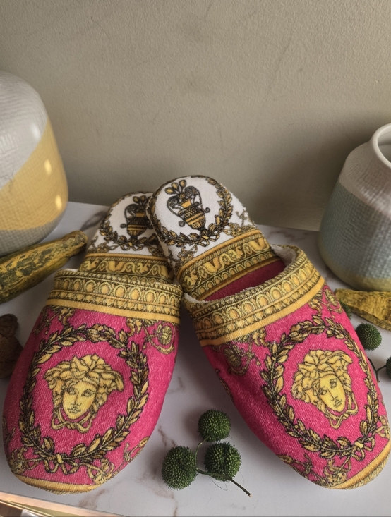 Versace Shoes - NWT Versace Medusa Baroque Print Pink Cotton Slippers Size XL